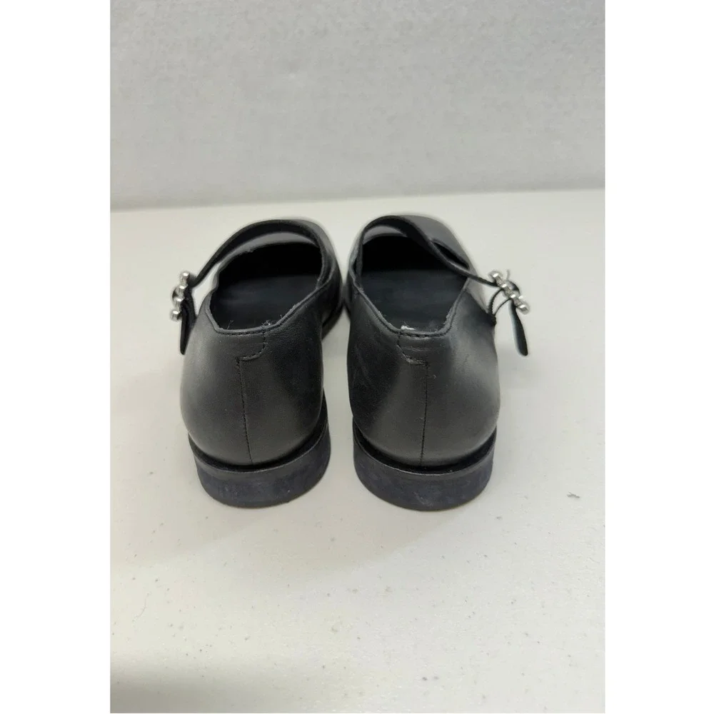 Free People Black Leather Square Toe Rhinestone Buckle Mary Jane Flats 7.5